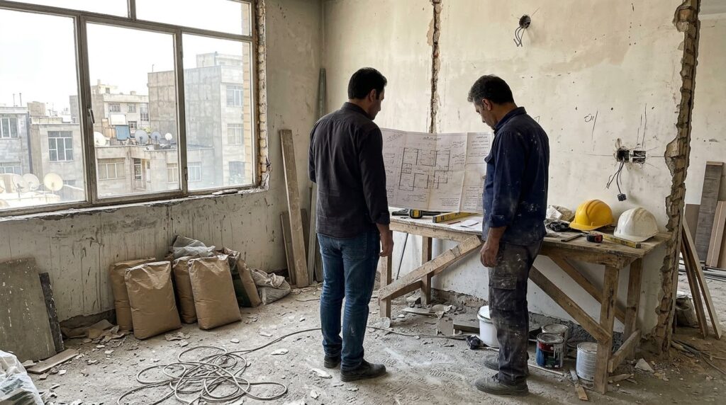 کارفرما و پیمانکار هنگام بررسی نقشه و دیوار در آپارتمانی که در حال بازسازی است